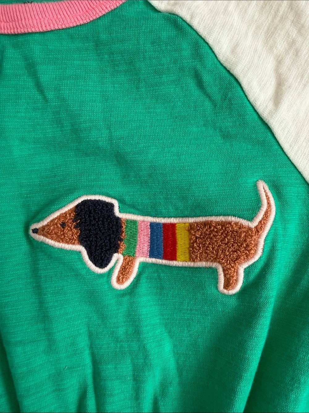 Mini Boden Raglan Logo Dress in Topaz Green Sausage Dog Size 6-7